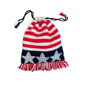Vtg Retro American Flag Hand Knitted Draw String bag with fringe USA Patriotic